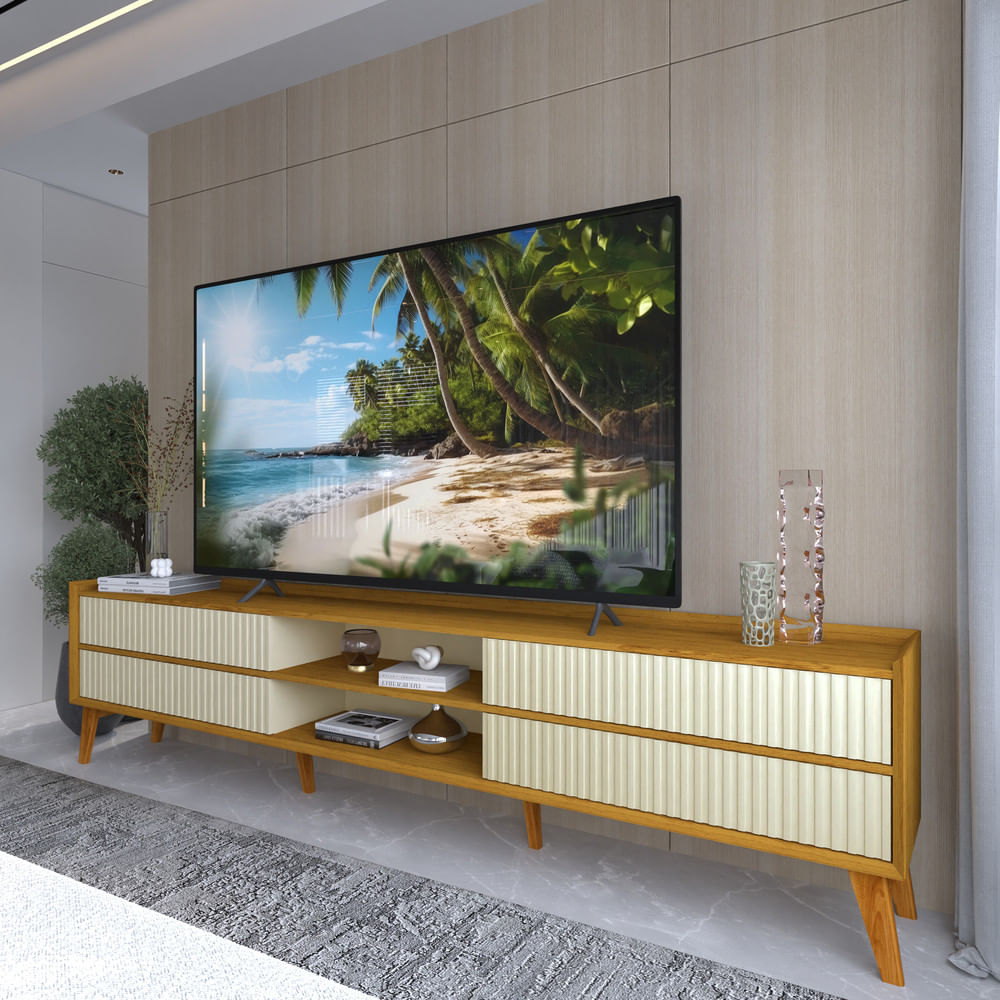 Rack Ripado Para Tv Até 85 Polegadas 4 Gavetas Com Pés De Madeira Maciça Em Mdf Magnífico Gelius