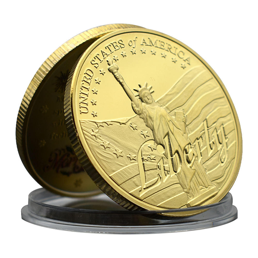Réplica De Moeda Comemorativa Da Estátua Da Liberdade Em Tom Dourado