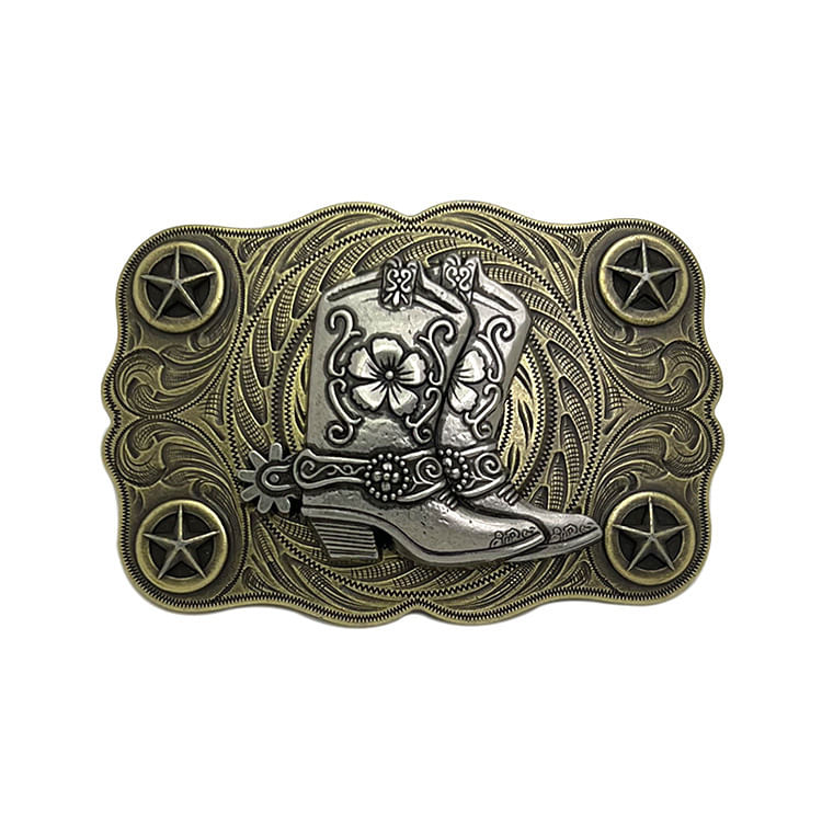 Bota De Cowboy Com Fivela De Cinto Com Design Floral, Metal Antigo