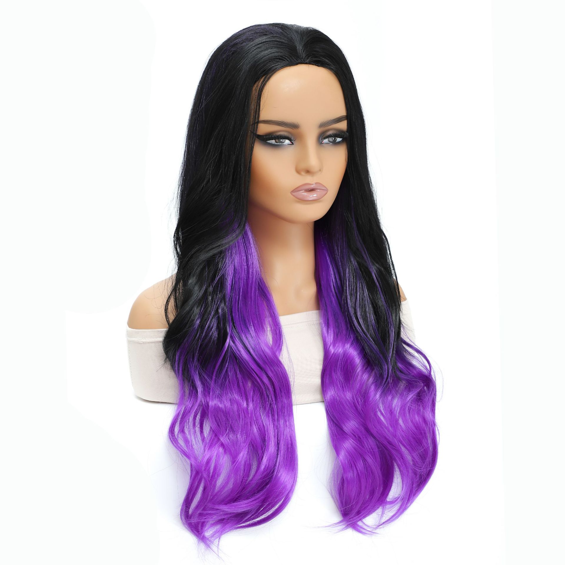 Peruca Midd Long Wavy Ombre Preta A Roxa 80 Cm Para Mulheres
