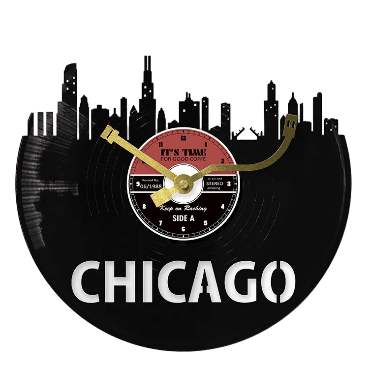 Relógio De Parede Retro Chicago Skyline Vinyl Disc 30cm