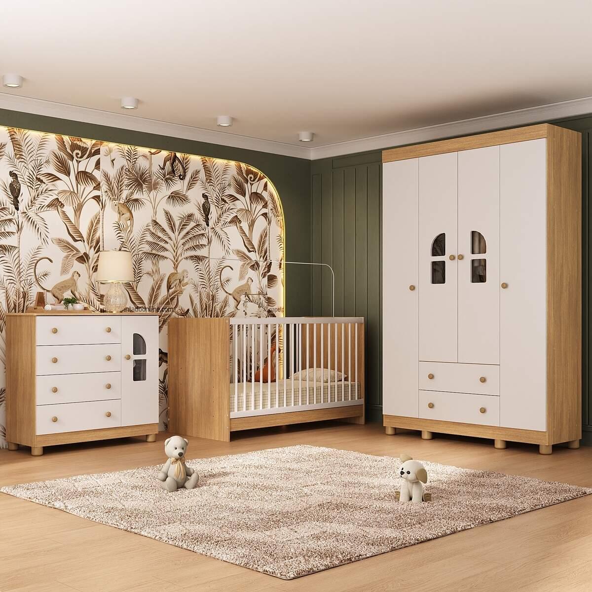 Quarto De Bebê Completo Com Berço 3 Em 1 Para Colchão 130x60cm Nina Multimóveis Mp4550 Madeirado/branco