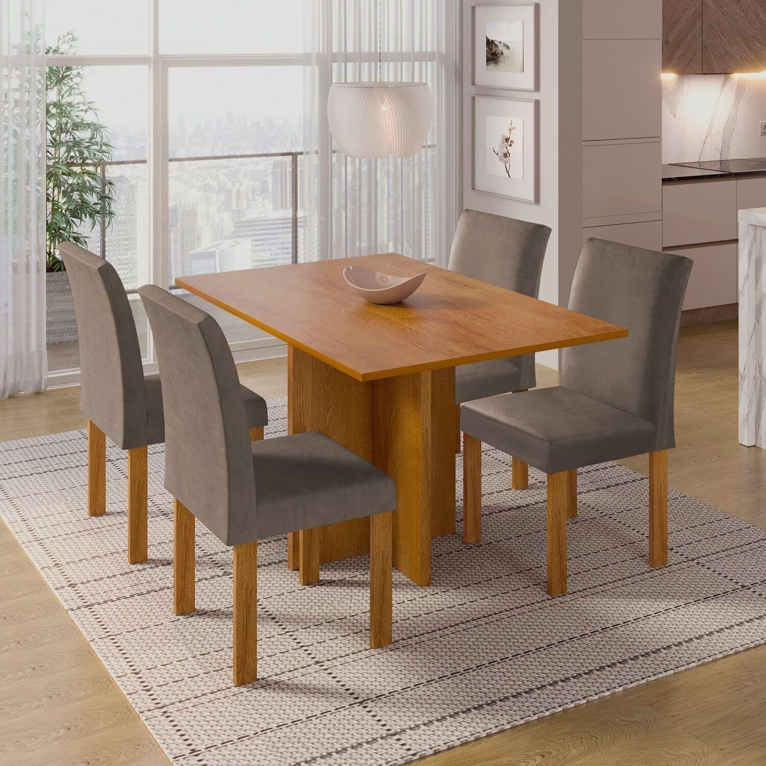 Conjunto Sala De Jantar 4 Lugares Retangular Tampo Mdf Mesa Carol Com Cadeiras Espanha Cinamomo/bege Escuro