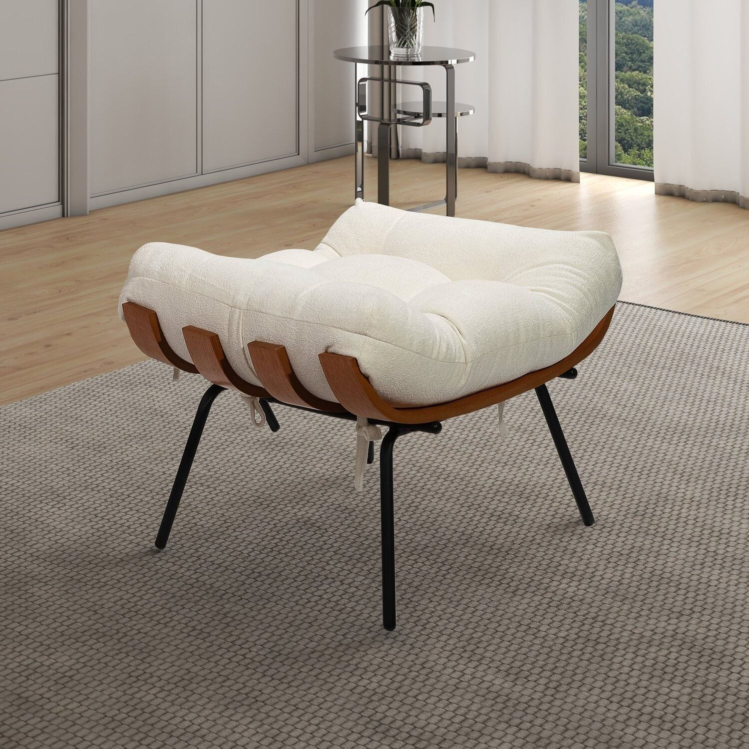 Puff De Ferro Madeira E Estofado Living Costela Espresso Móveis Preto/branco