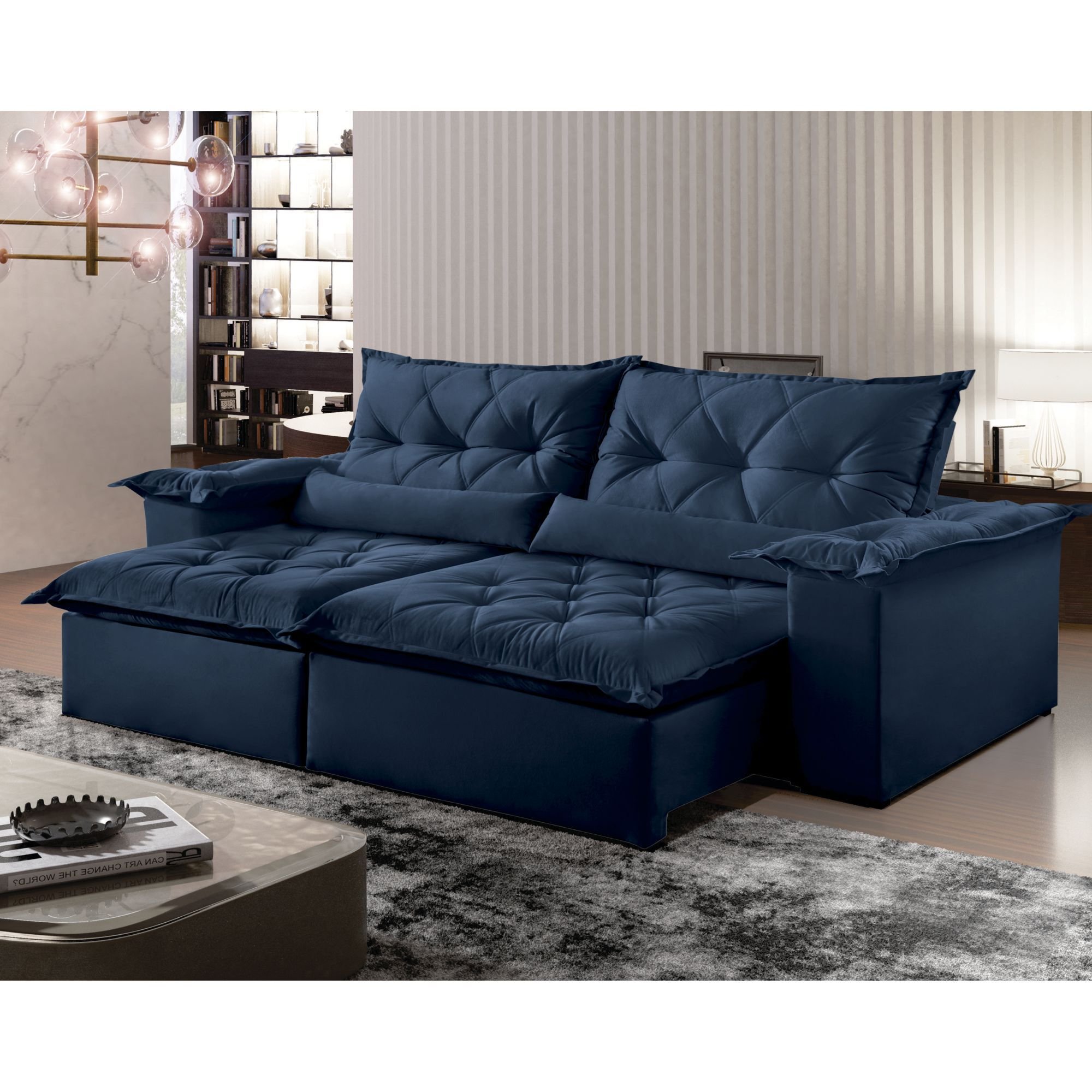 Sofá Reclinável 4 Lugares 290cm Ouro Preto Montano Estofados Veludo Azul Marinho