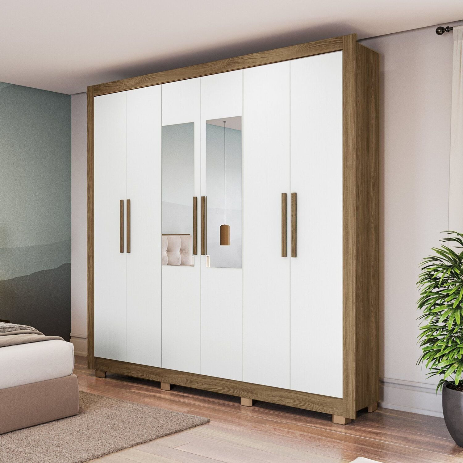Guarda-roupa Casal 6 Portas 3 Gavetas Com Espelho Harmonia Nogueira/branco