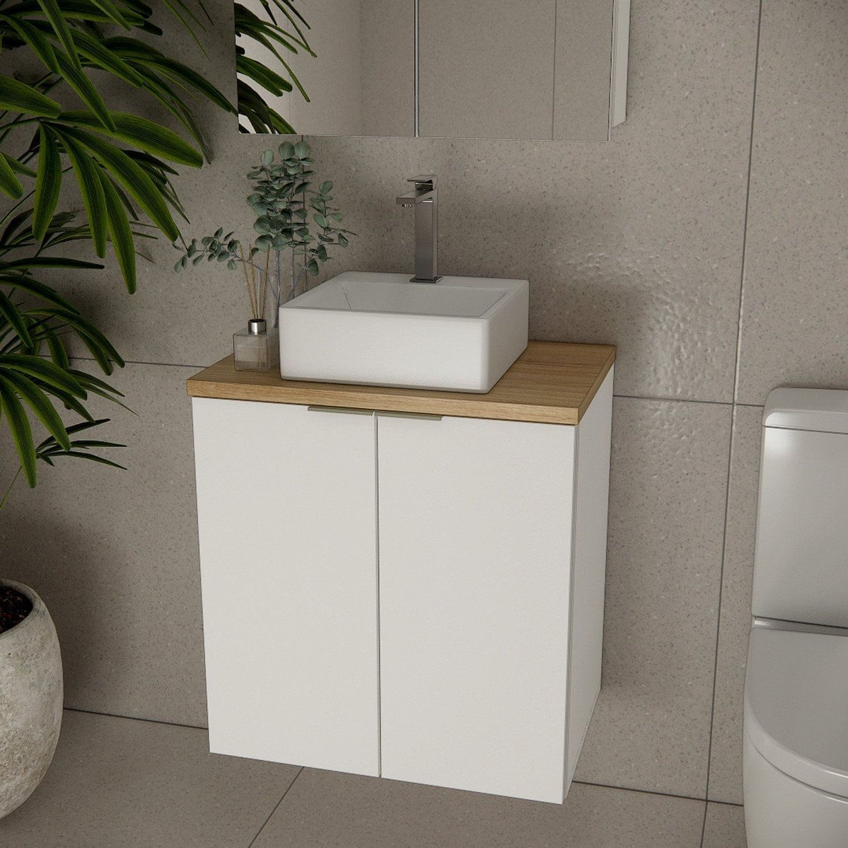 Gabinete De Banheiro Com Cuba 60cm Gab4008 Nature Branco / Carvalho