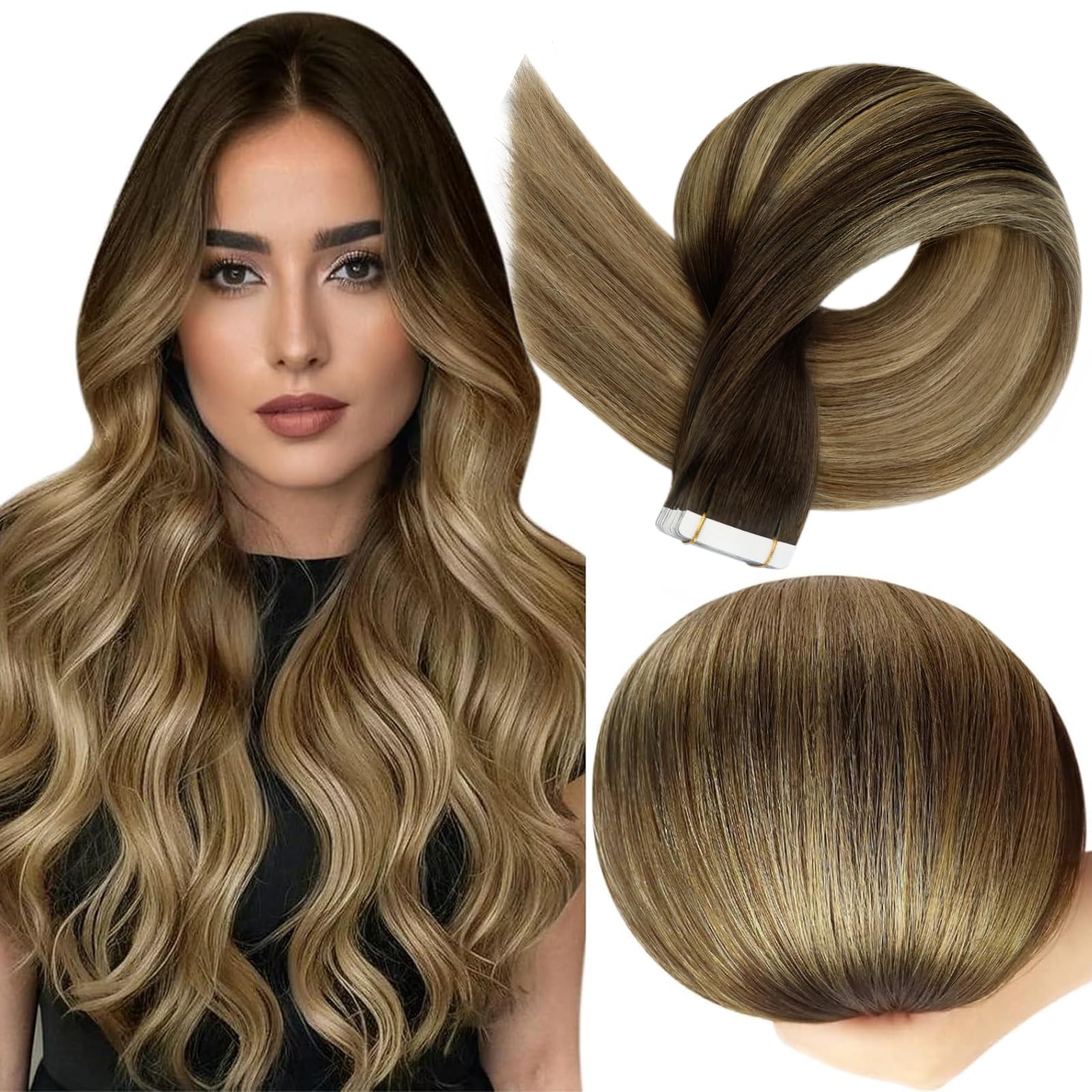 Tape In Hair Extensions Full Shine Color 2 Marrom Escuro, 8 Marrom Acinzentado E 27 Cabelos Humanos Loiros Remy 18 Cm 50 G 20 Unidades