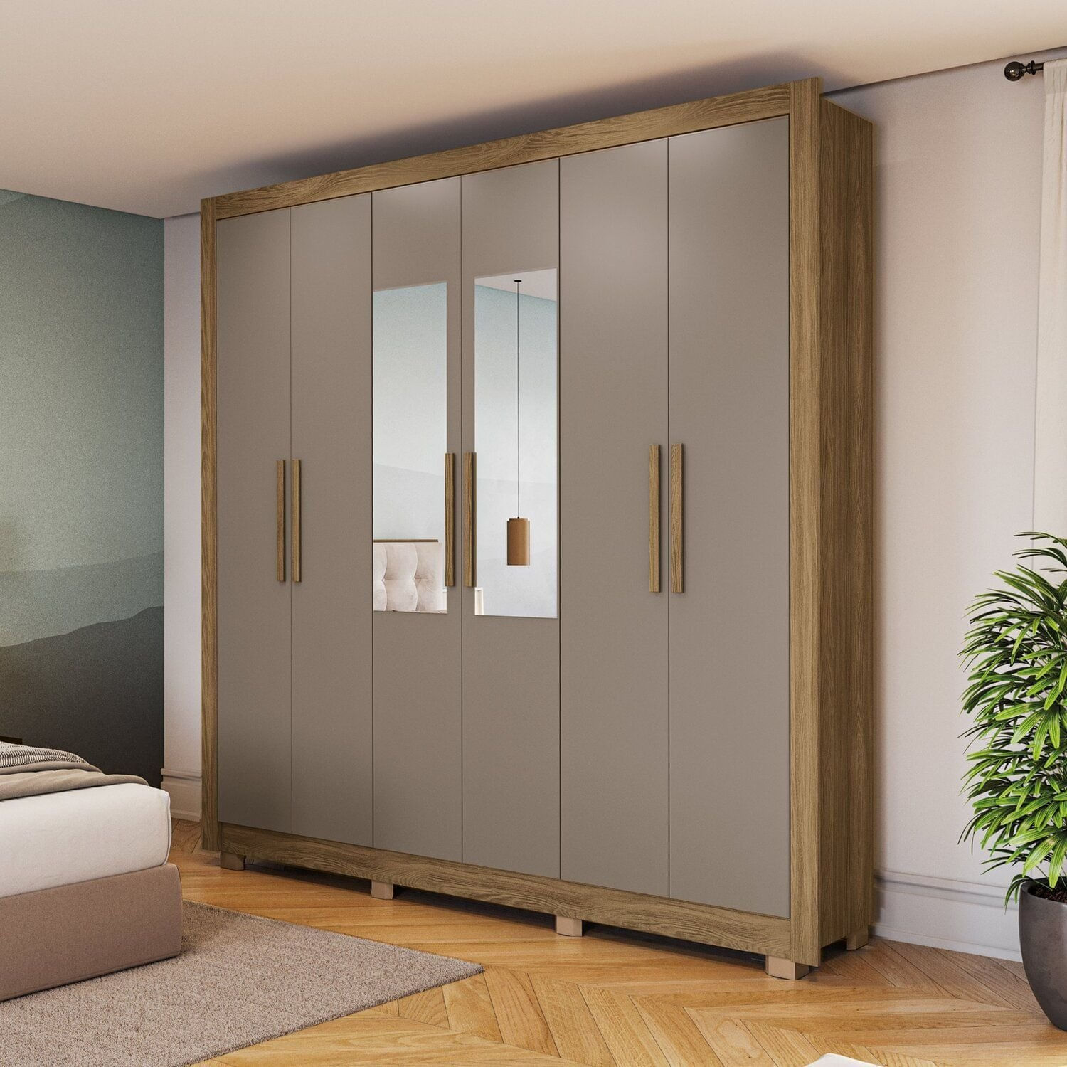 Guarda-roupa Casal 6 Portas 3 Gavetas Com Espelho Harmonia Nogueira/fendi