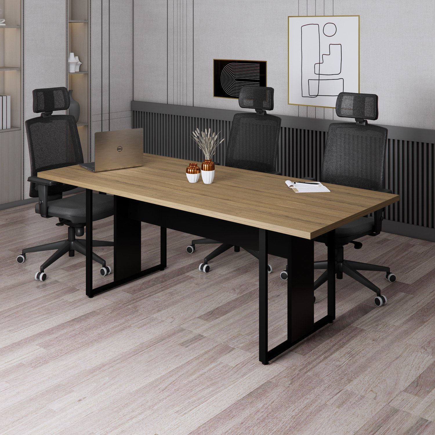 Mesa Reunião Pé Metálico 2000cm X 900cm Amadeirado Claro/preto