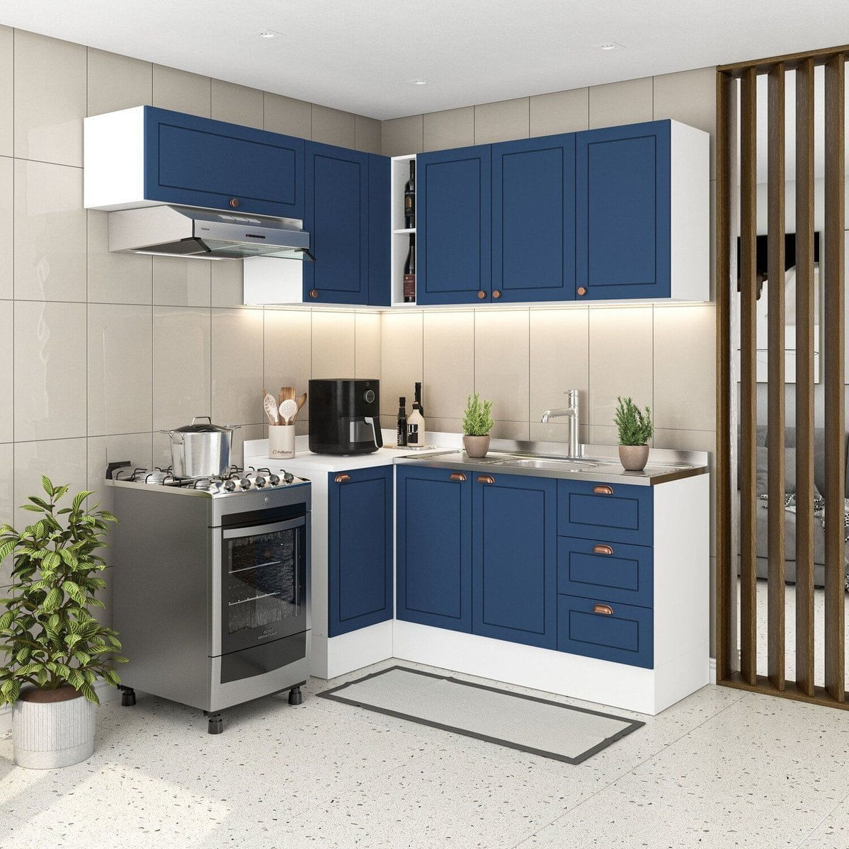 Cozinha 5 Peças Com Rodapé Pérola Yescasa Azul/branco