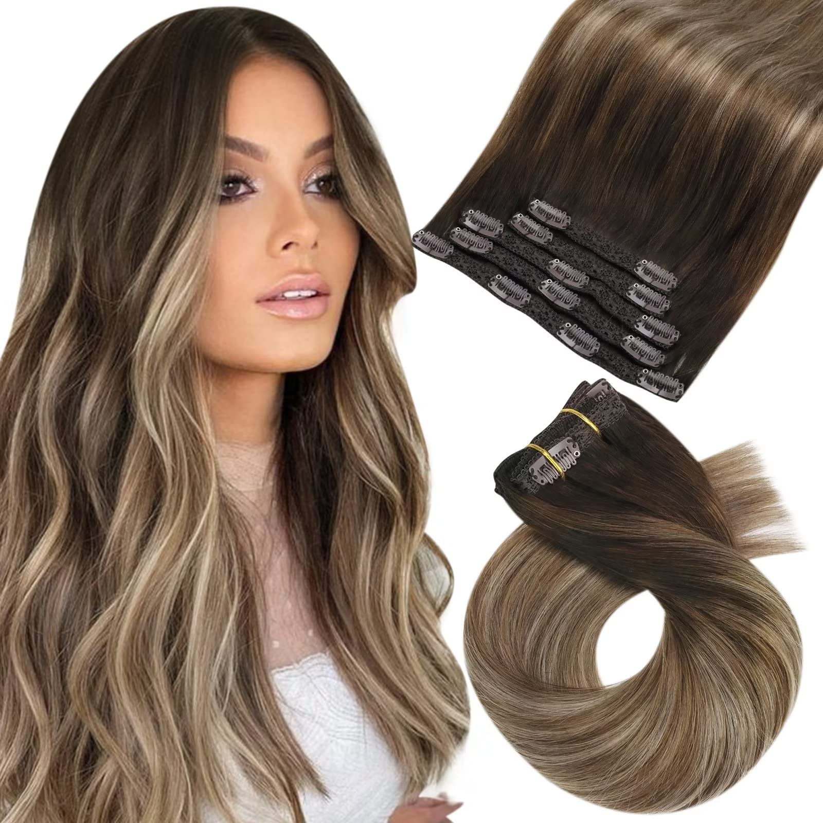 Extensões De Cabelo Clip In Moresoo Ombre De Marrom Escuro A Loiro Acinzentado