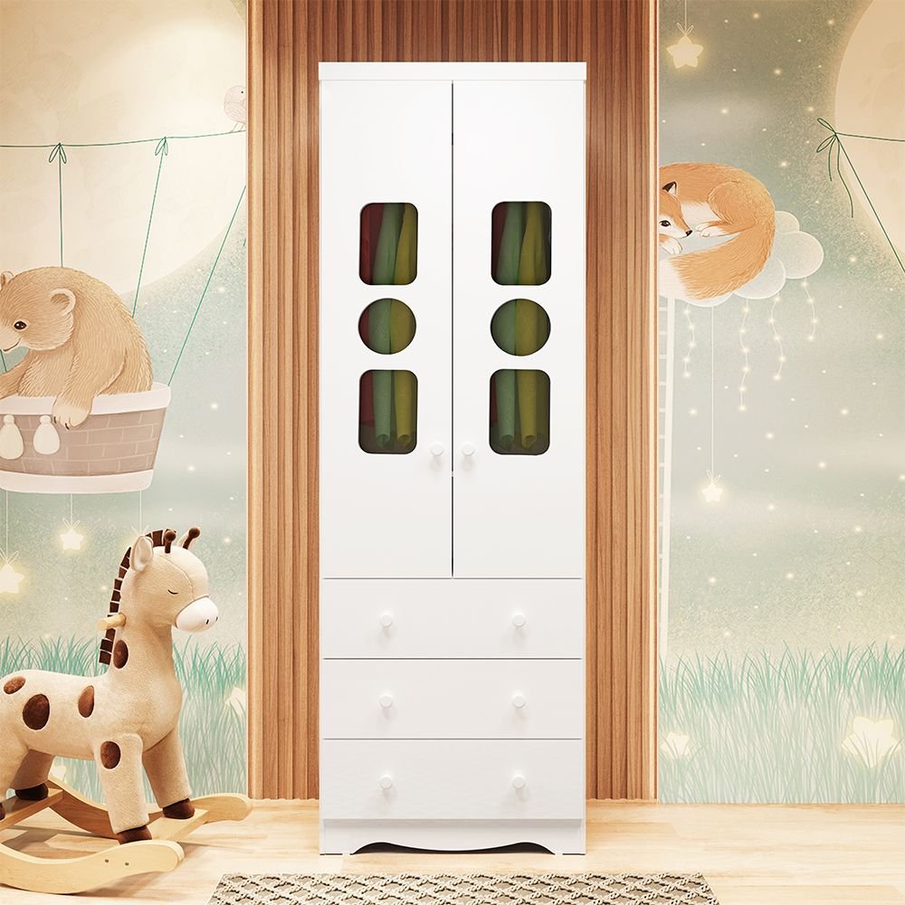 Guarda-roupa Infantil 61,7cm 2 Portas 3 Gavetas Com Janelas Sem Pés Ezra 100% Mdf Espresso Móveis Branco Brilho
