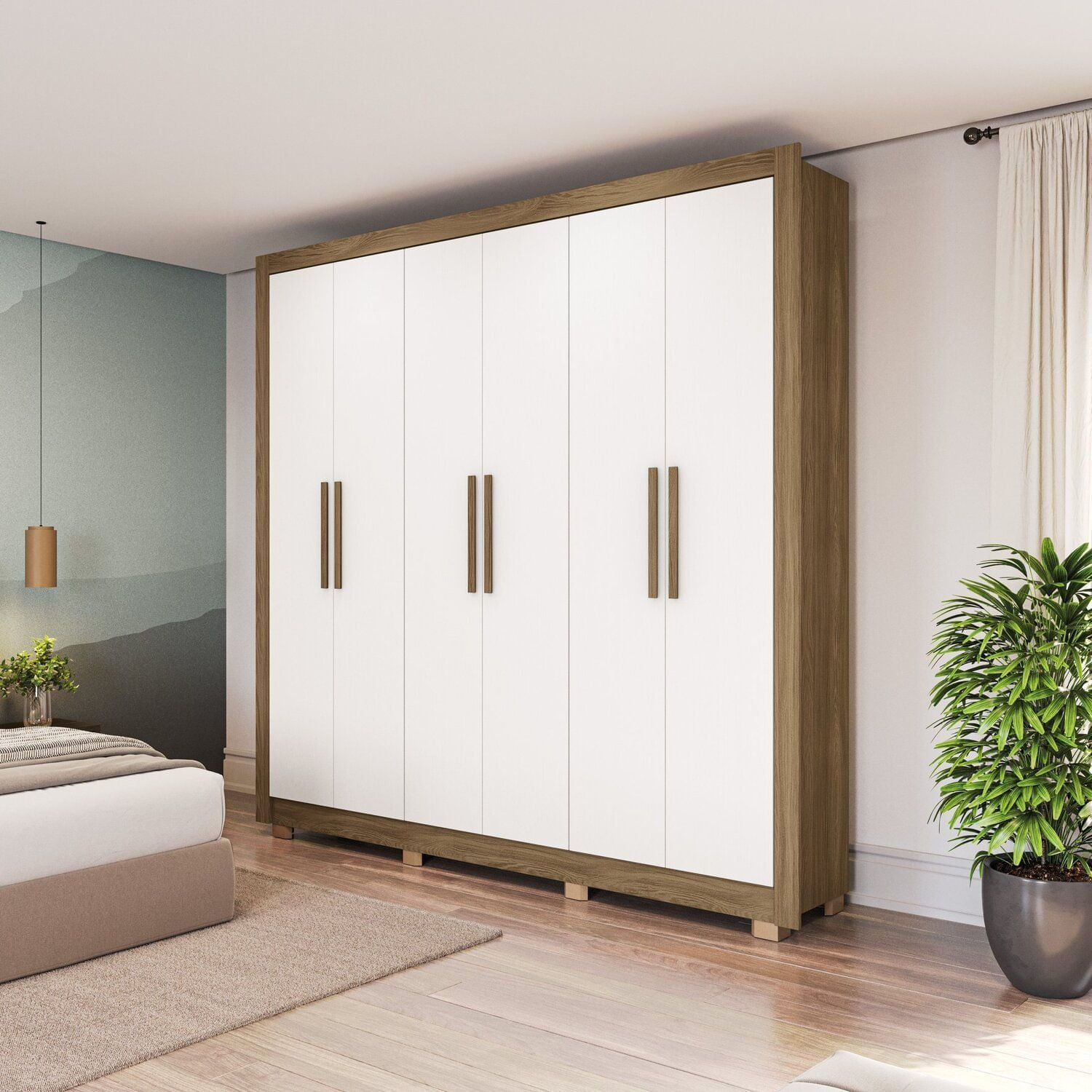 Guarda-roupa Casal 6 Portas 3 Gavetas Harmonia Nogueira/branco