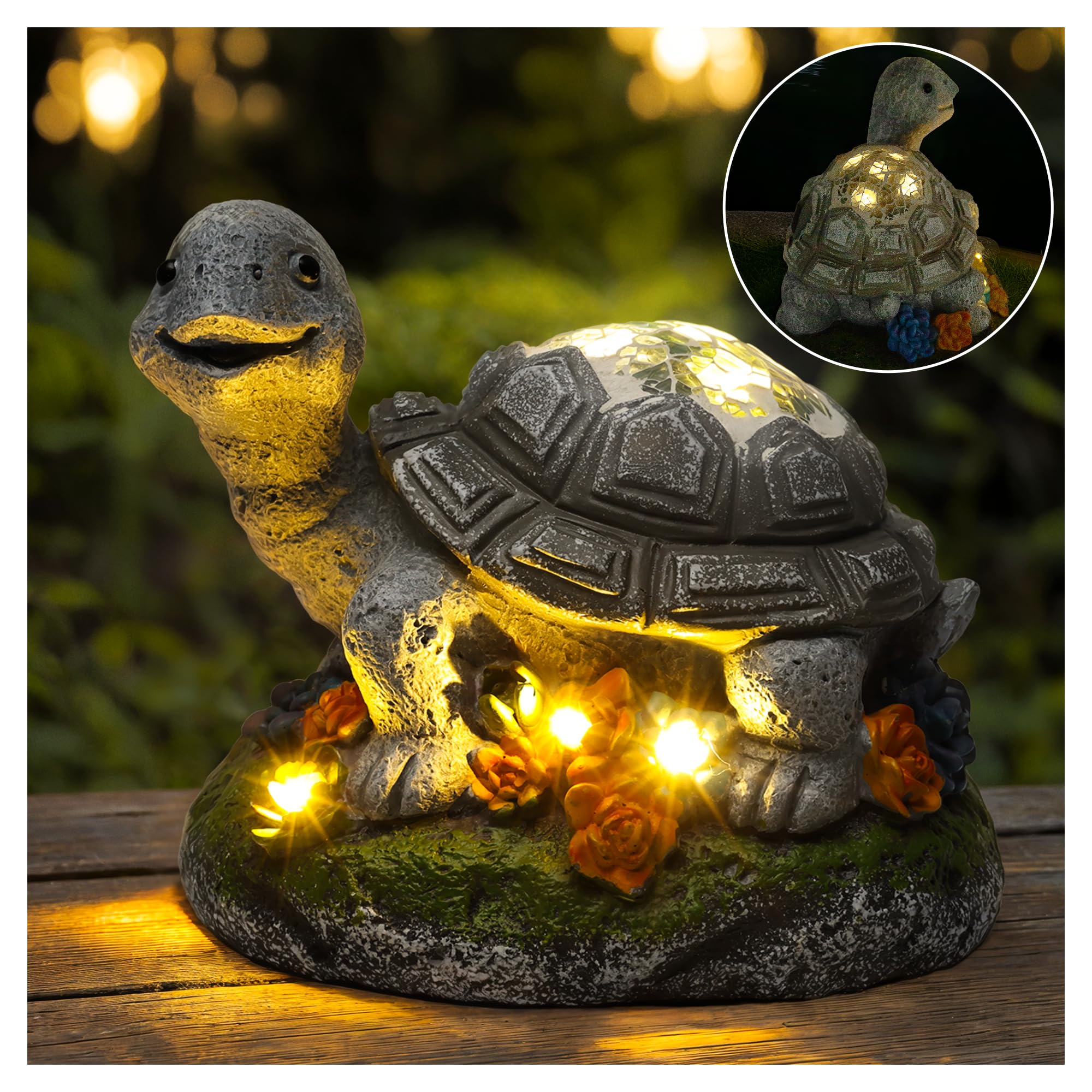 Estátua De Jardim Solar Rumiom Turtle Com 8 Luzes Led Em Resina