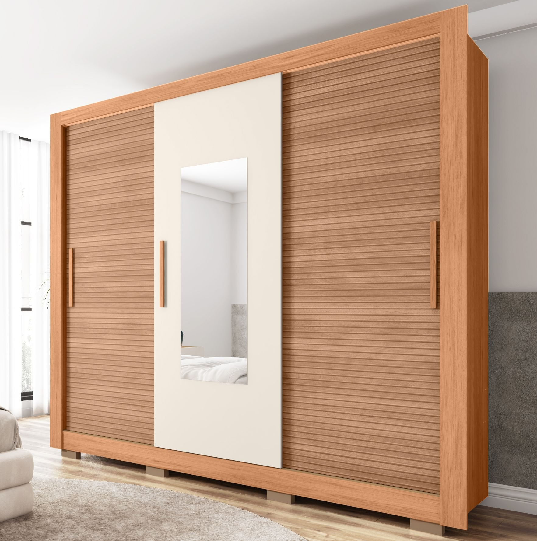 Guarda-roupa 3 Portas 1 Com Espelho 2 Gavetas E Pés Amanda Espresso Móveis Freijó/off White