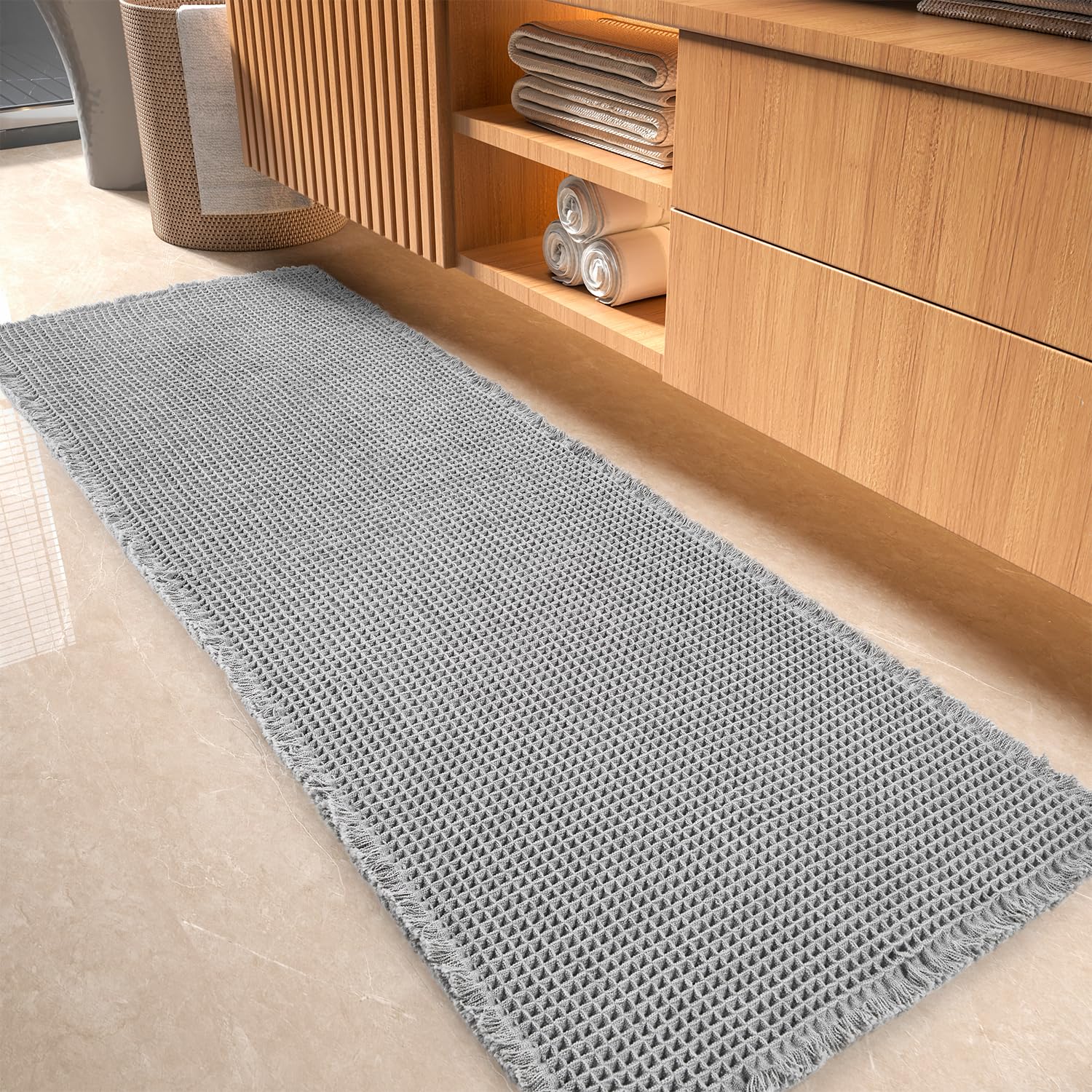 Tapete De Banho Runner Rug Tchdio Waffle Superabsorvente Cinza Claro