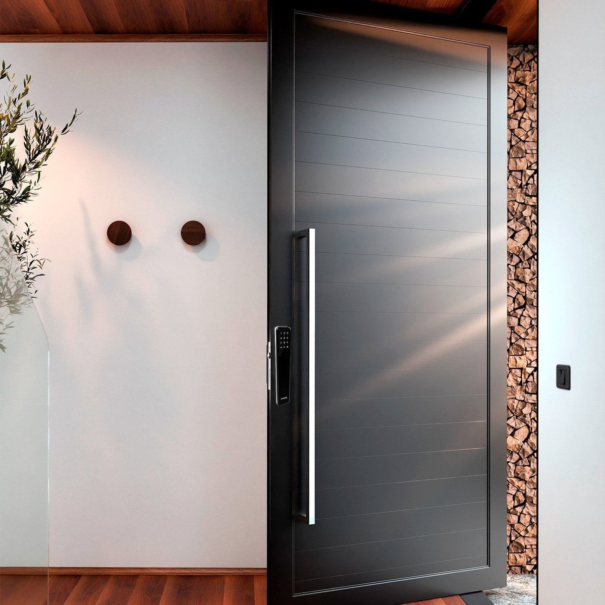 Porta De Alumínio Pivotante Com Fechadura Digital 268x130cm Lucasa Eccellente Preto