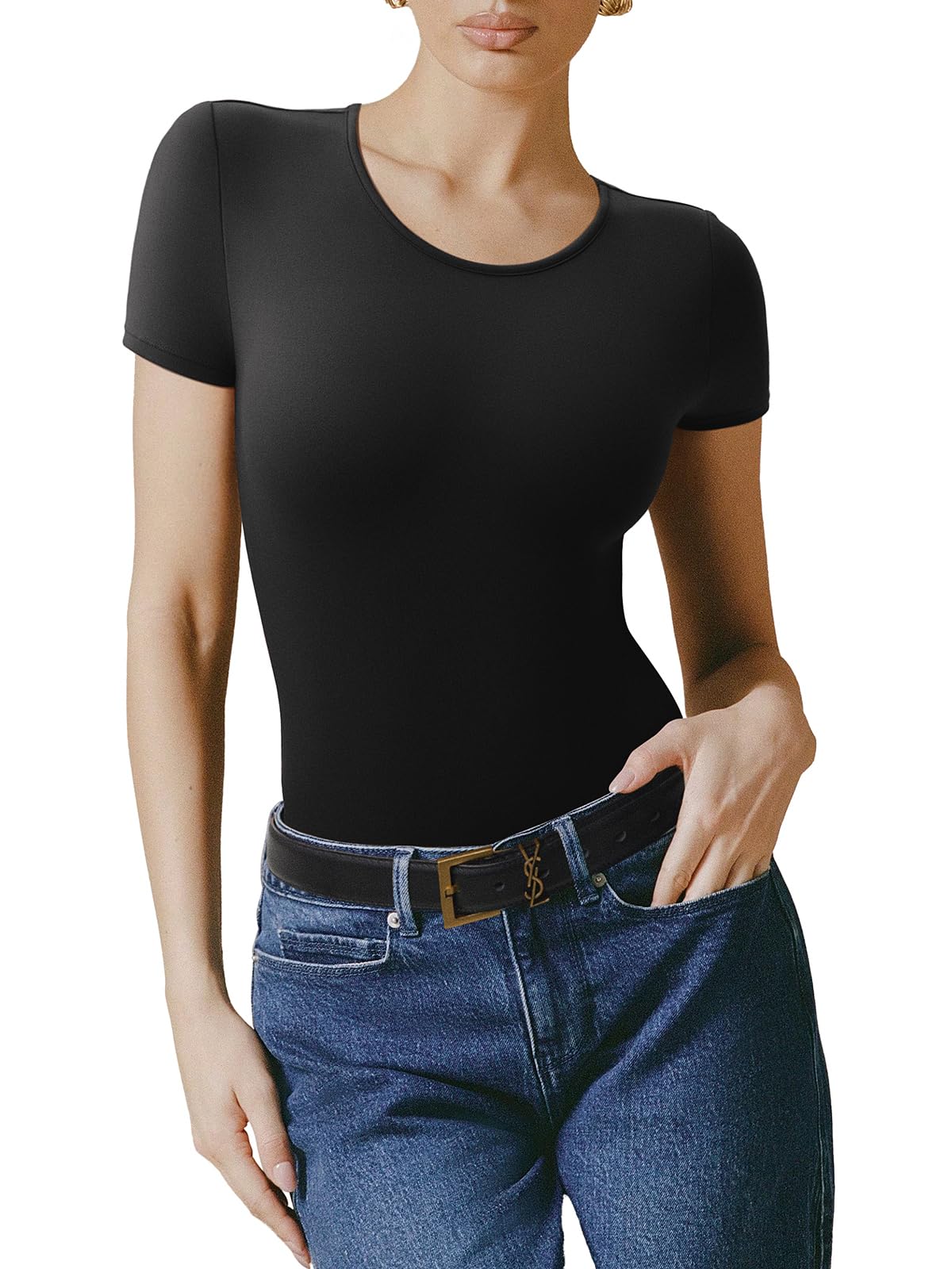 Bodysuit Reoria Preto Com Forro Duplo Básico De Manga Curta Para Mulher