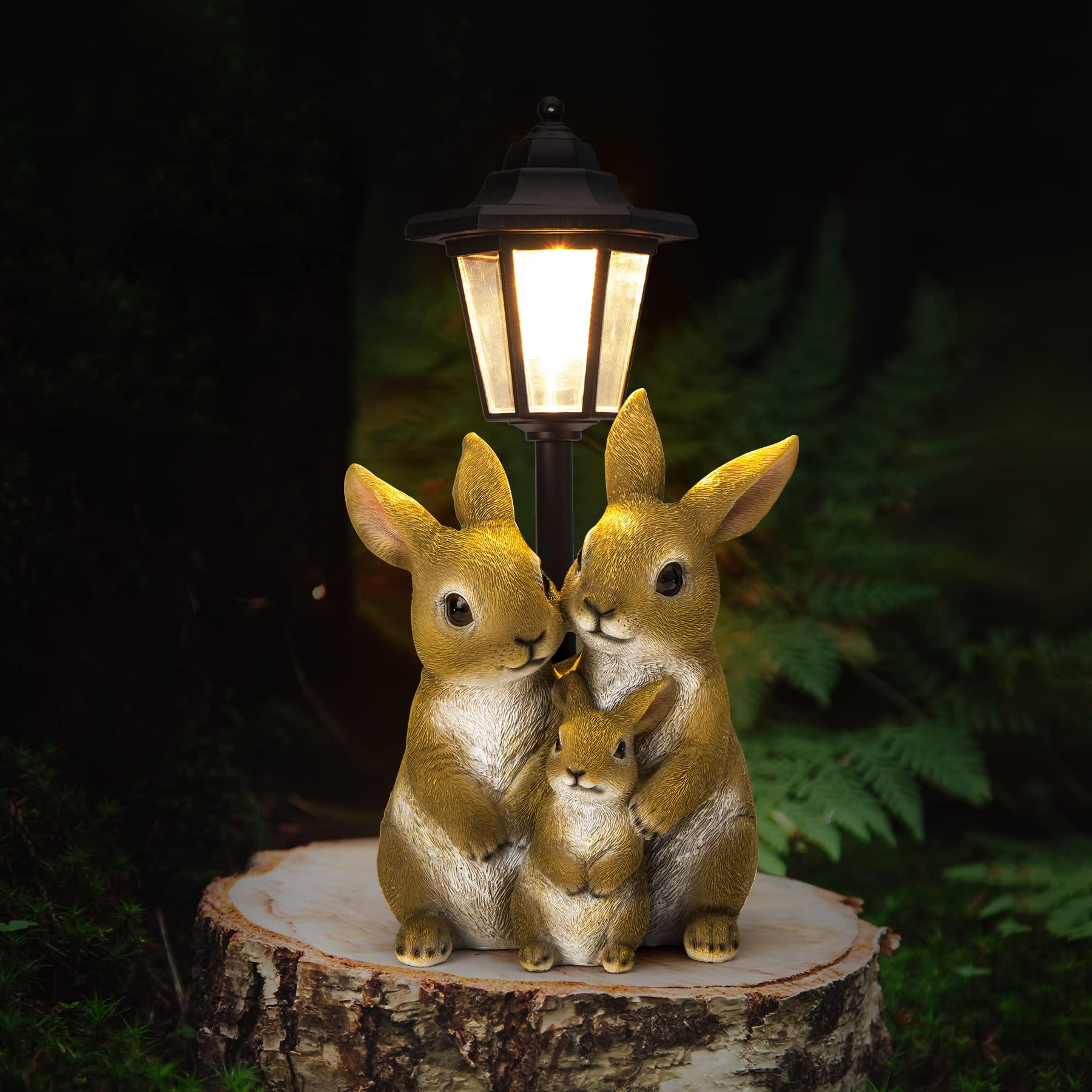 Estátua De Jardim Potey Rabbit Family Com Luz Solar Em Resina De