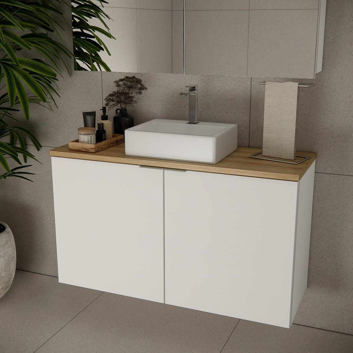 Gabinete De Banheiro Com Cuba 110cm 65cm Nature Branco / Carvalho