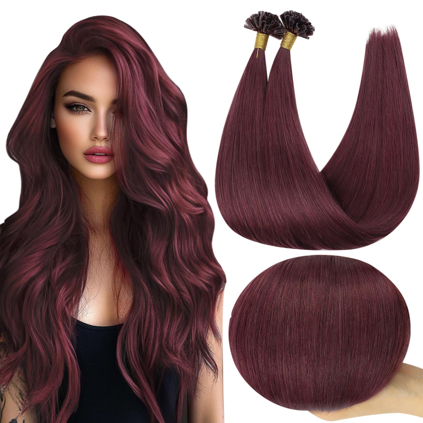 Extensões De Cabelo Full Shine Burgundy U Tip 40cm 50g Real Hair
