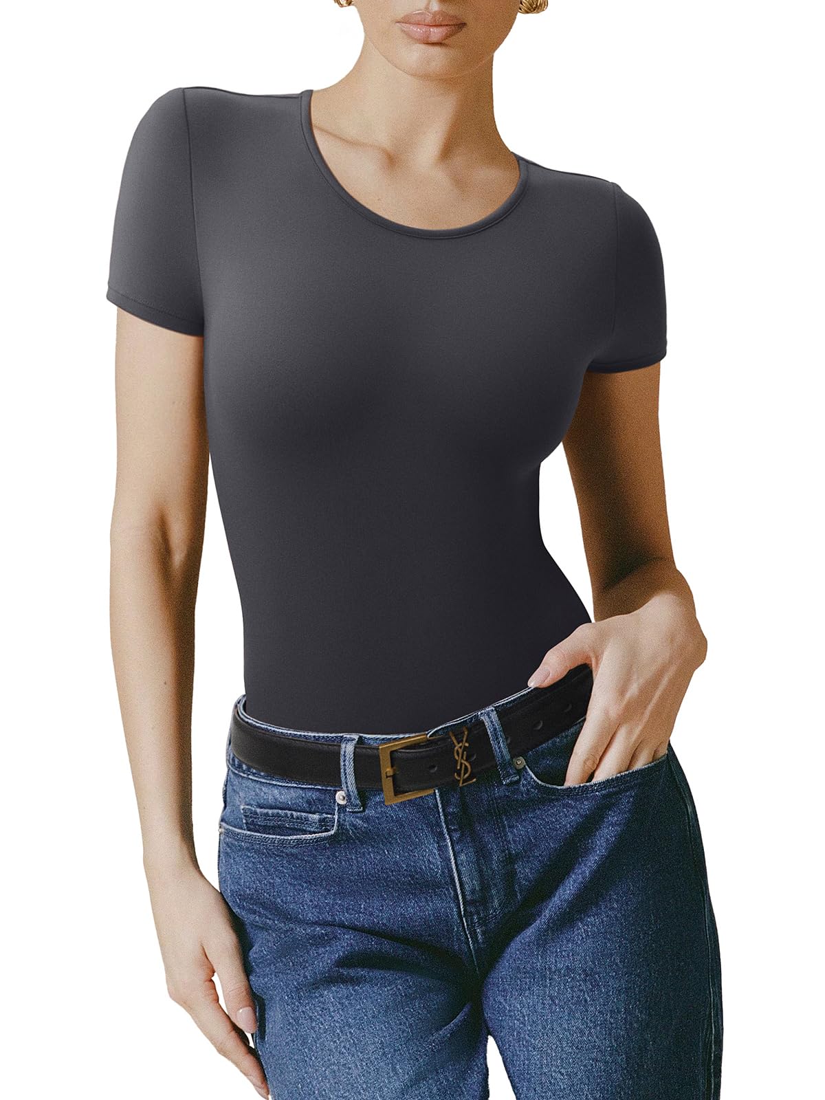 Bodysuit Reoria Cinza Com Forro Duplo Básico De Manga Curta Para Mulher