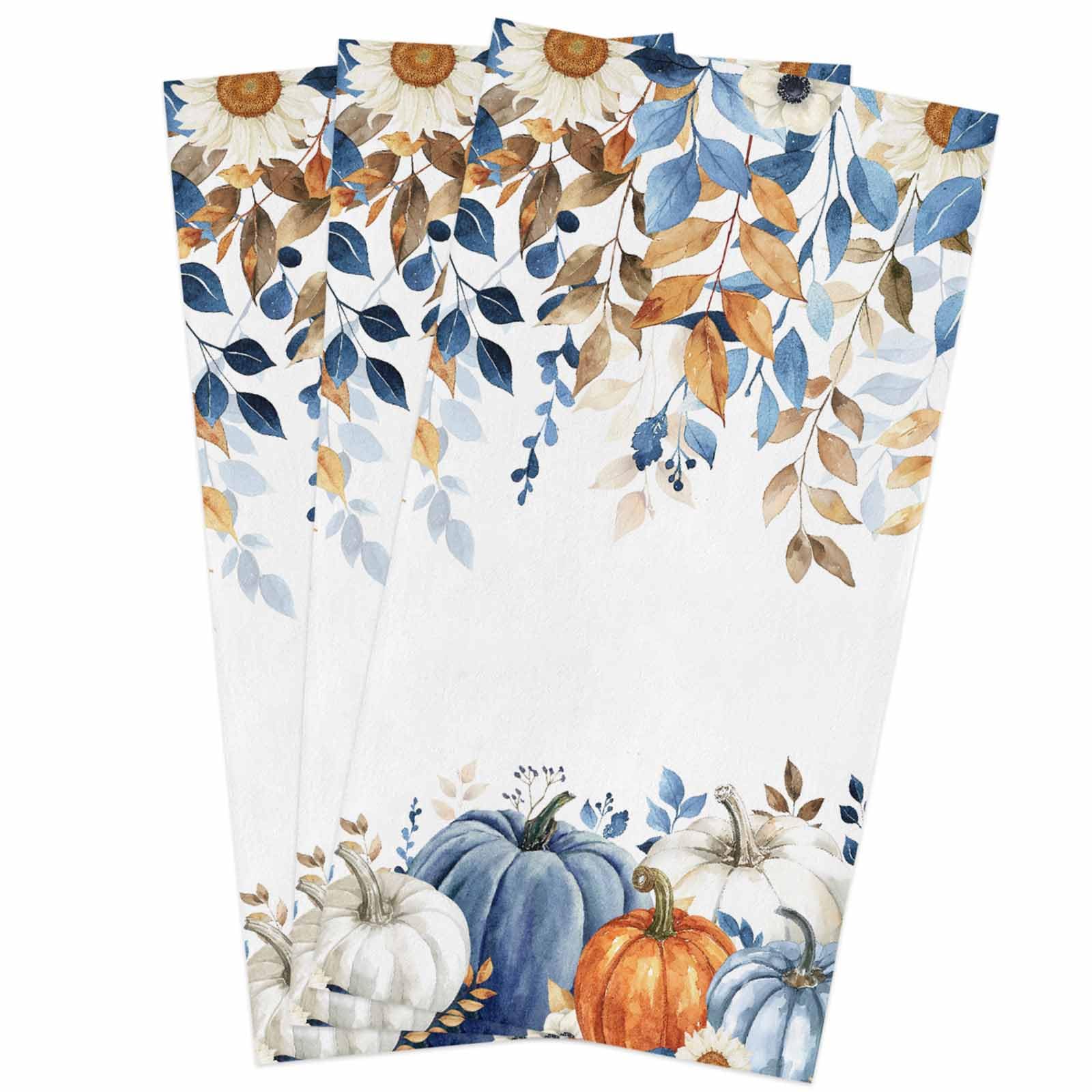 Toalhas De Cozinha Wewdewwo Fall Blue Orange Eucalyptus Leaf X3