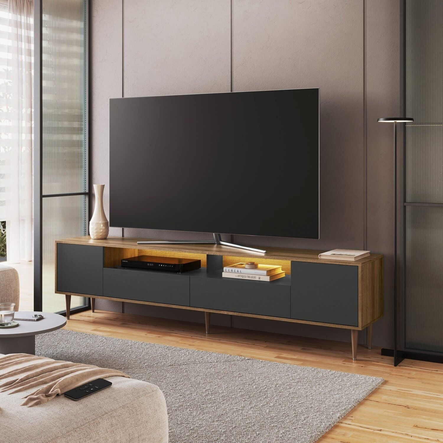 Rack Para Tv 75 Polegadas Com Iluminação Led Rotterdam Sala De Estar Grafite/ Mel