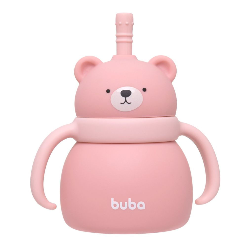 Copo De Treinamento Silicone Com Canudo Ursinho 200ml Rosa Buba 19690