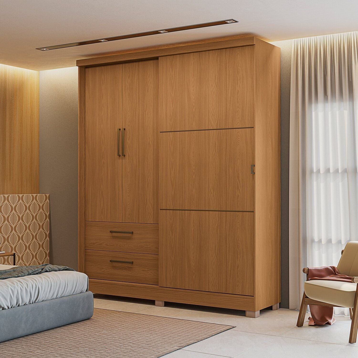 Guarda-roupa Solteiro Funcional 3 Portas 2 Gavetas Com Pés Canela