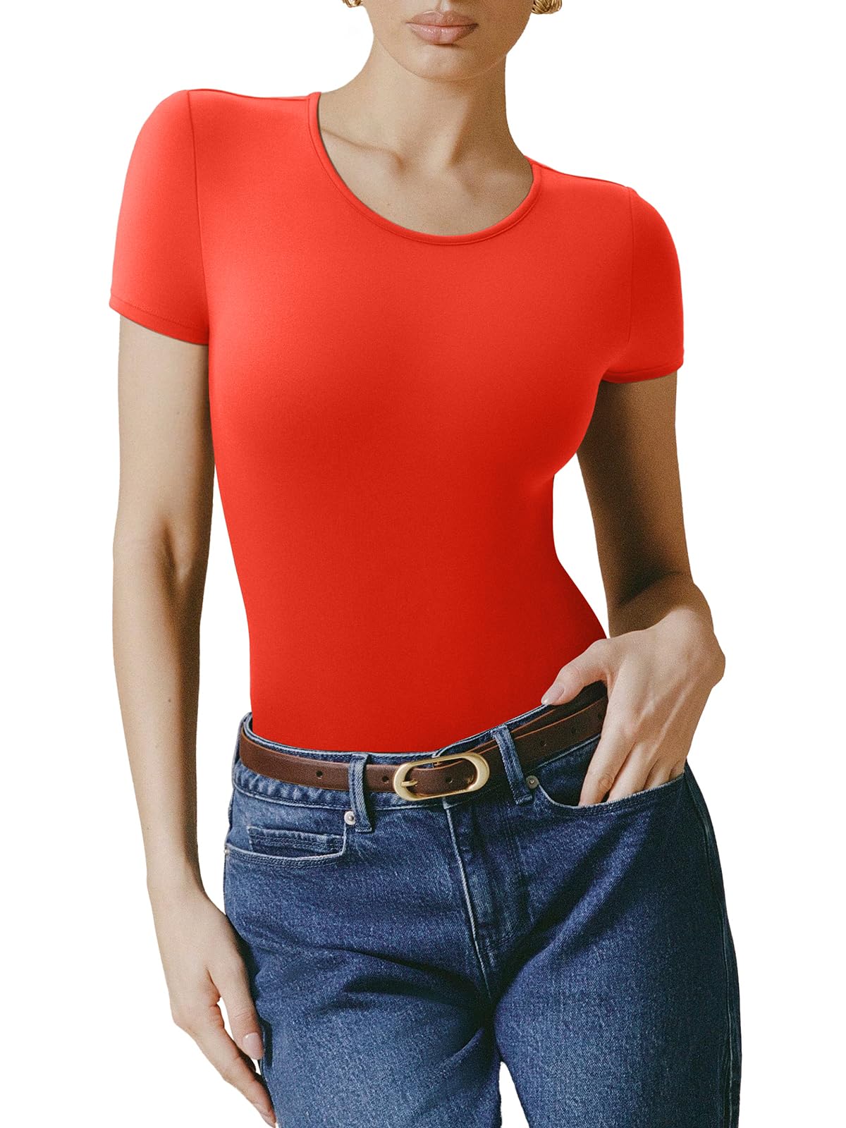 Bodysuit Reoria Vermelho Com Forro Duplo Básico De Manga Curta Feminina 2025