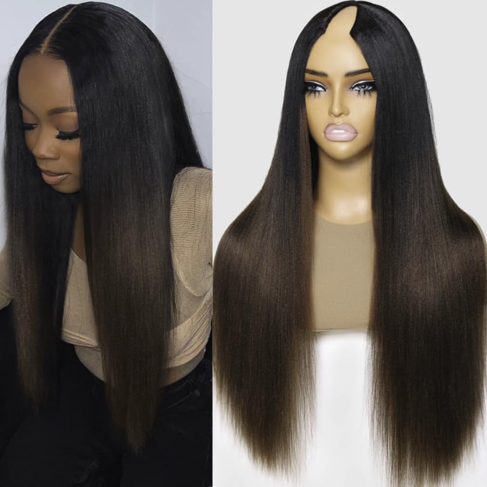 Peruca Klaiyi Ombre Brown V Part Yaki Straight Human Hair 40cm