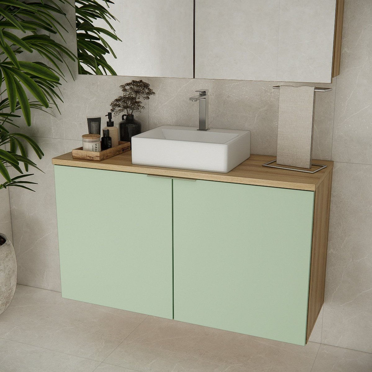 Gabinete De Banheiro Com Cuba 110cm X 65cm Nature Carvalho / Verde