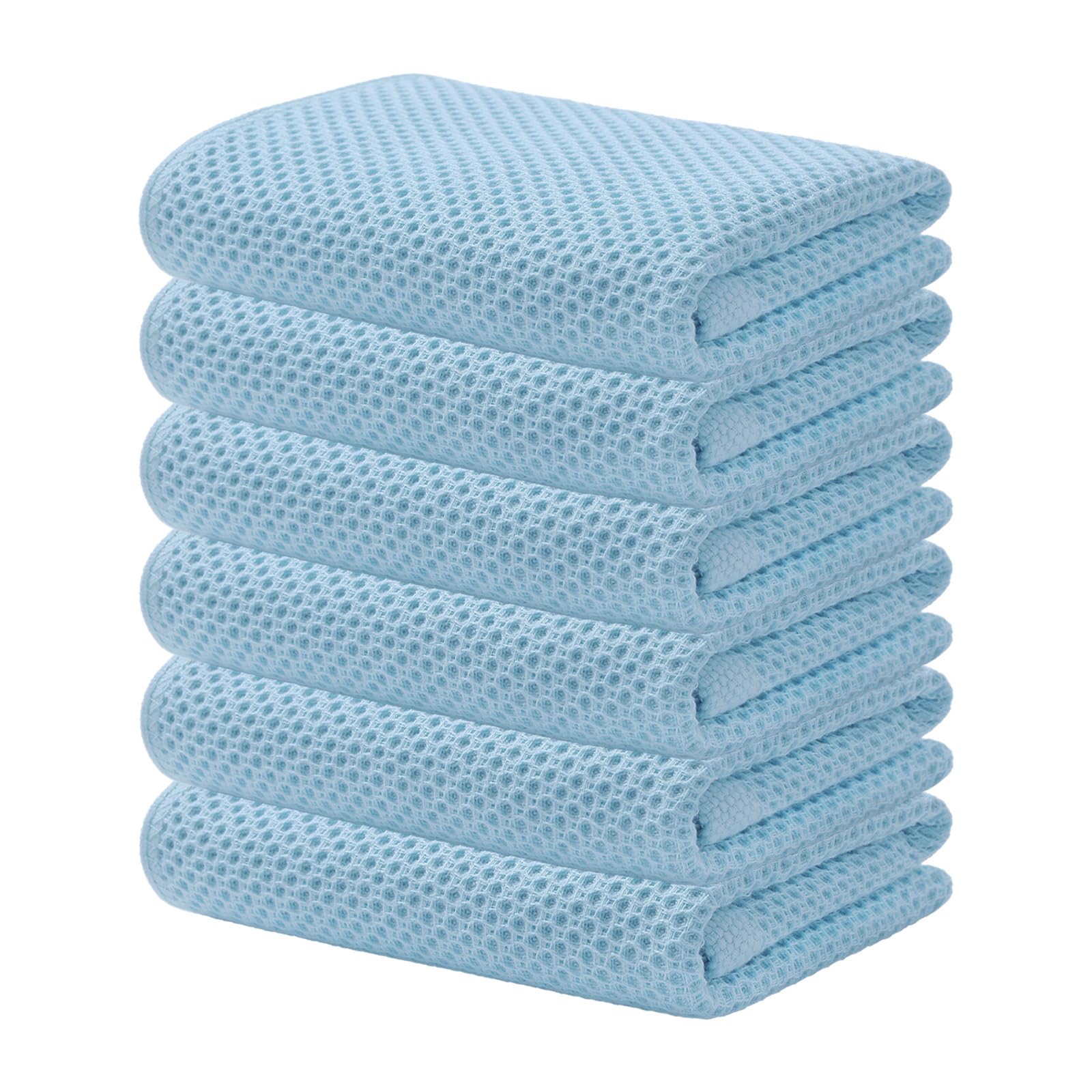 Toalhas De Cozinha Kitinjoy Waffle Weave 100% Algodão, Pacote Com 6 Unidades, Azul Celeste
