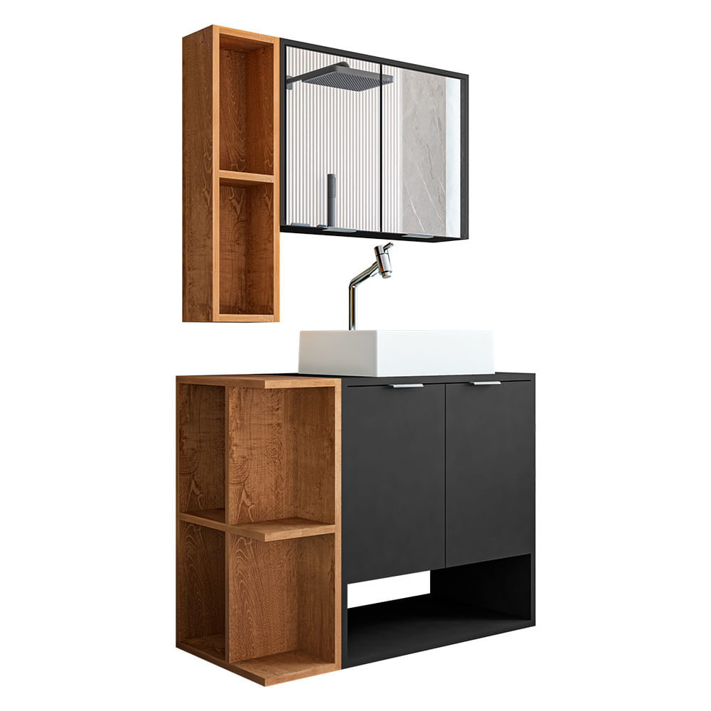 Gabinete Banheiro Star Com Cuba Dalla E Valvula Click Inox Preto Fosco/naturale