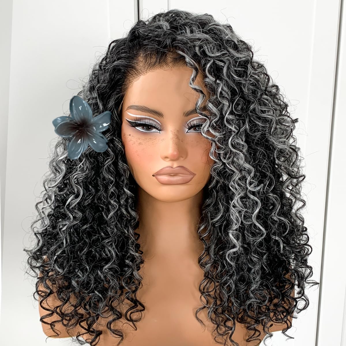 Peruca Mitimes Grey Highlight Curly Synthetic Hd Lace Afro