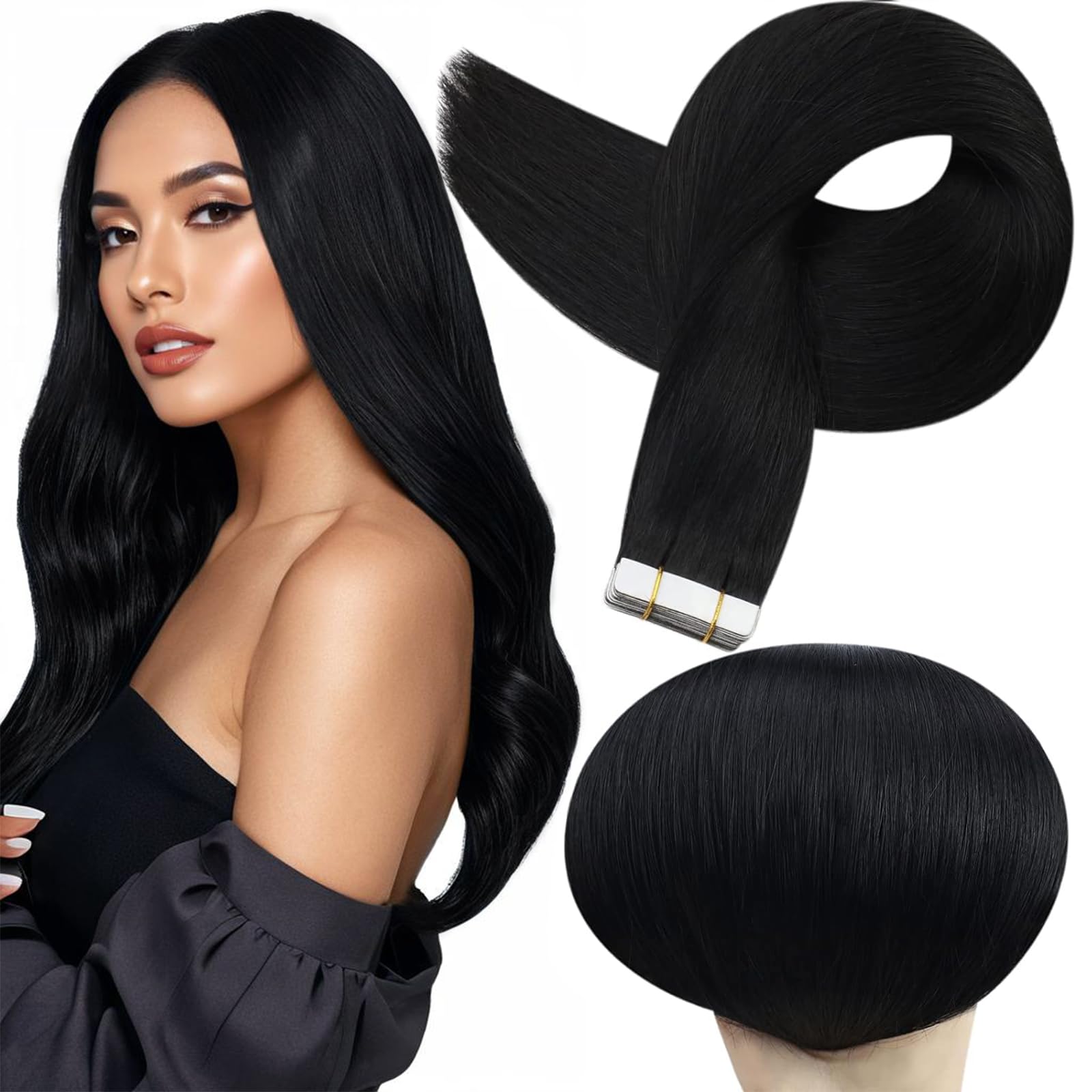 Fita Adesiva Em Extensões De Cabelo Full Shine Black Remy Human Hair 26cm