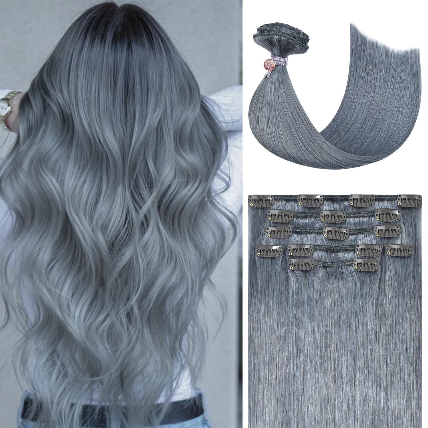 Extensões De Cabelo Honsoo Clip Ins Grey Real Human Hair 15 Polegadas
