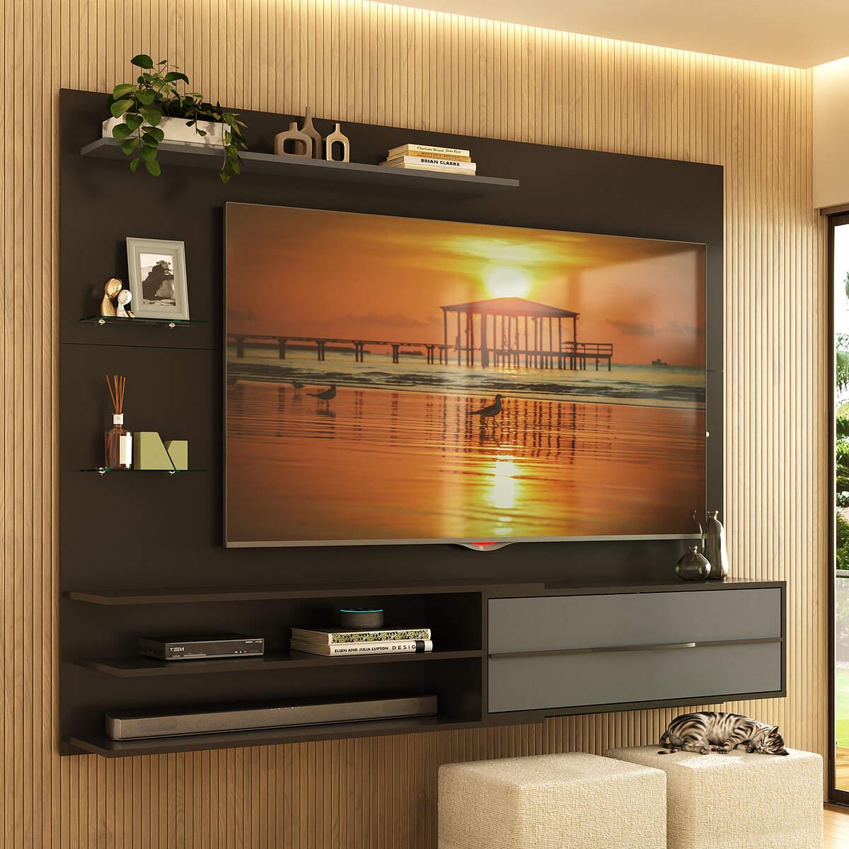 Painel Com Suporte Para Tv Até 65 Polegadas 1 Porta E Prateleiras Multimóveis Mp1073 - Preto/grafite