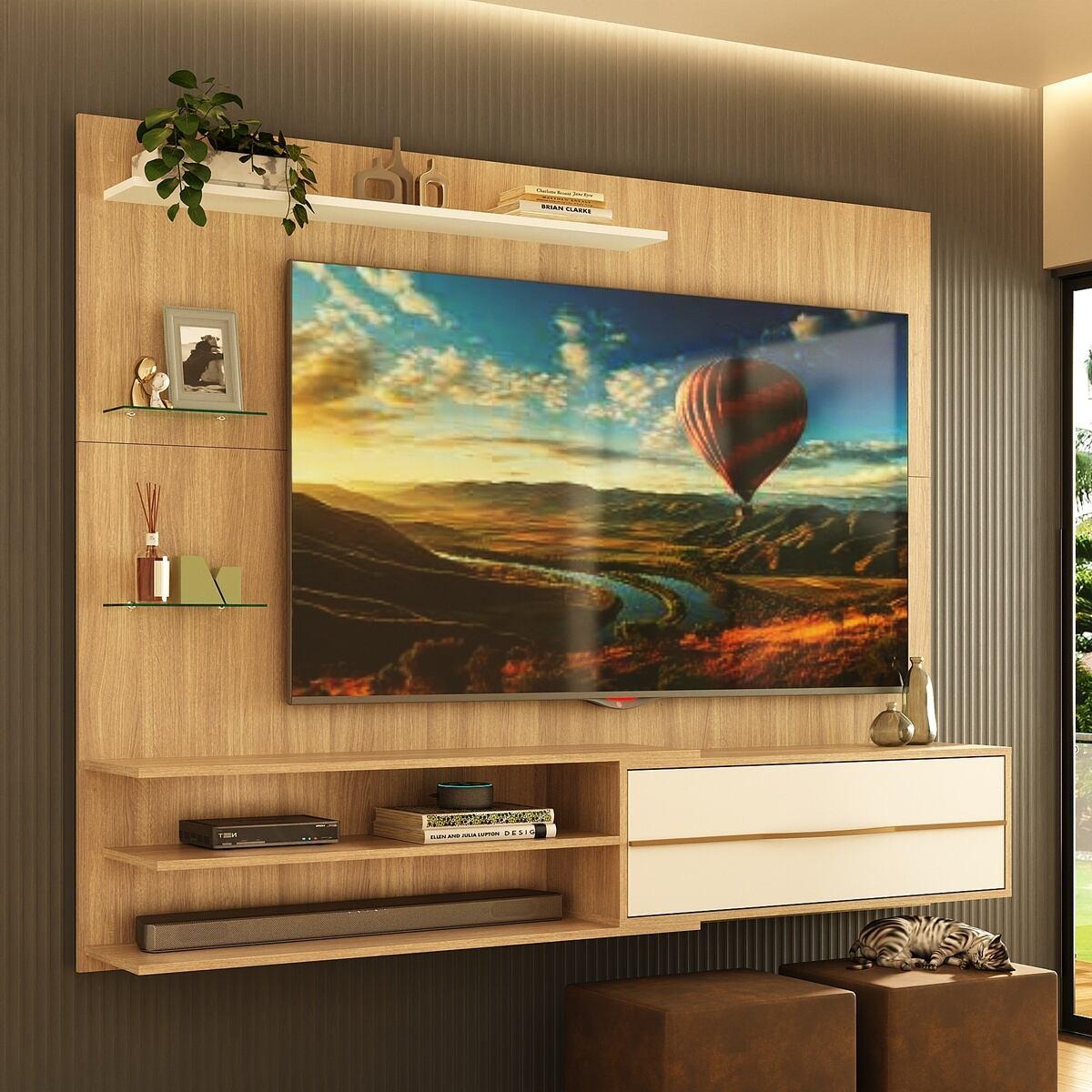 Painel Com Suporte Para Tv Até 65 Polegadas 1 Porta E Prateleiras Multimóveis Mp1073 - Rustic/branco