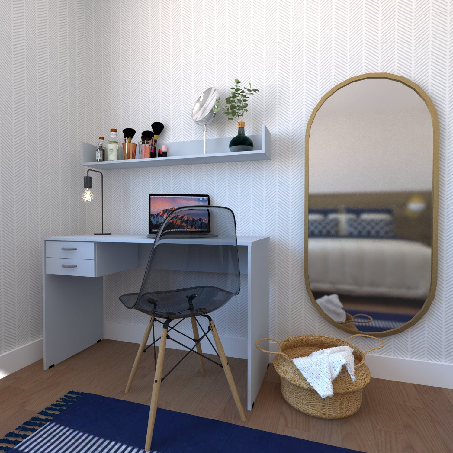 Escrivaninha 2 Gavetas Com Prateleira Suspensa Helen Bramov Cinza Cristal