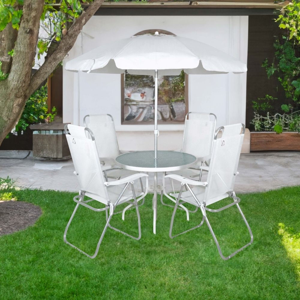 Conjunto Para Jardim Mesa Com Tampo De Vidro E 4 Cadeiras E Ombrellone Noronha Bel