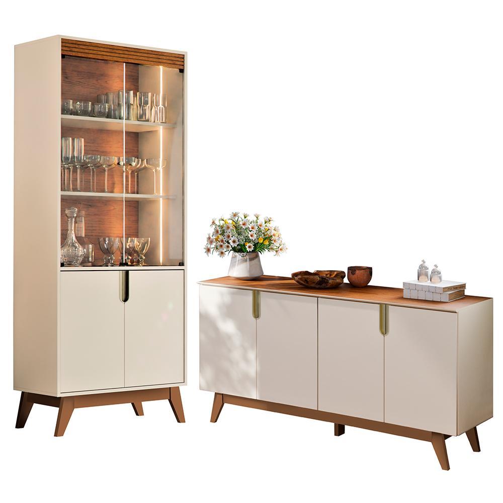 Sala De Jantar Com Cristaleira Paraty E Buffet Aparador Recife Off White/canela - Mobler