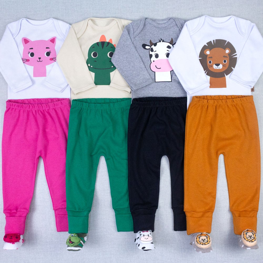 Conjunto Bebê Completo Body Manga Longa, Calça Pé Reversível E Pantufa