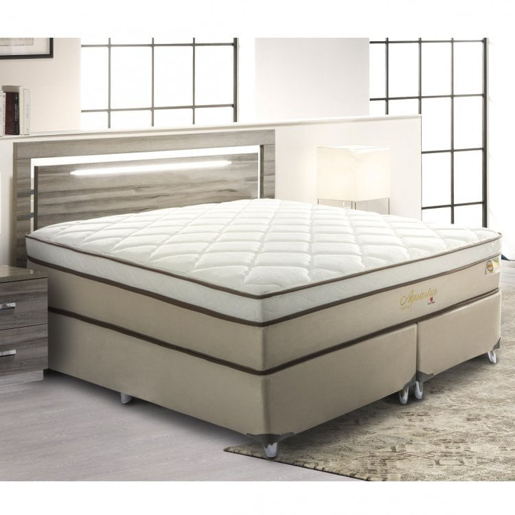 Cama Box Queen 158x198x59cm Aquarius Visco Montreal Tecido Suede Bege, Malha 240g Branca