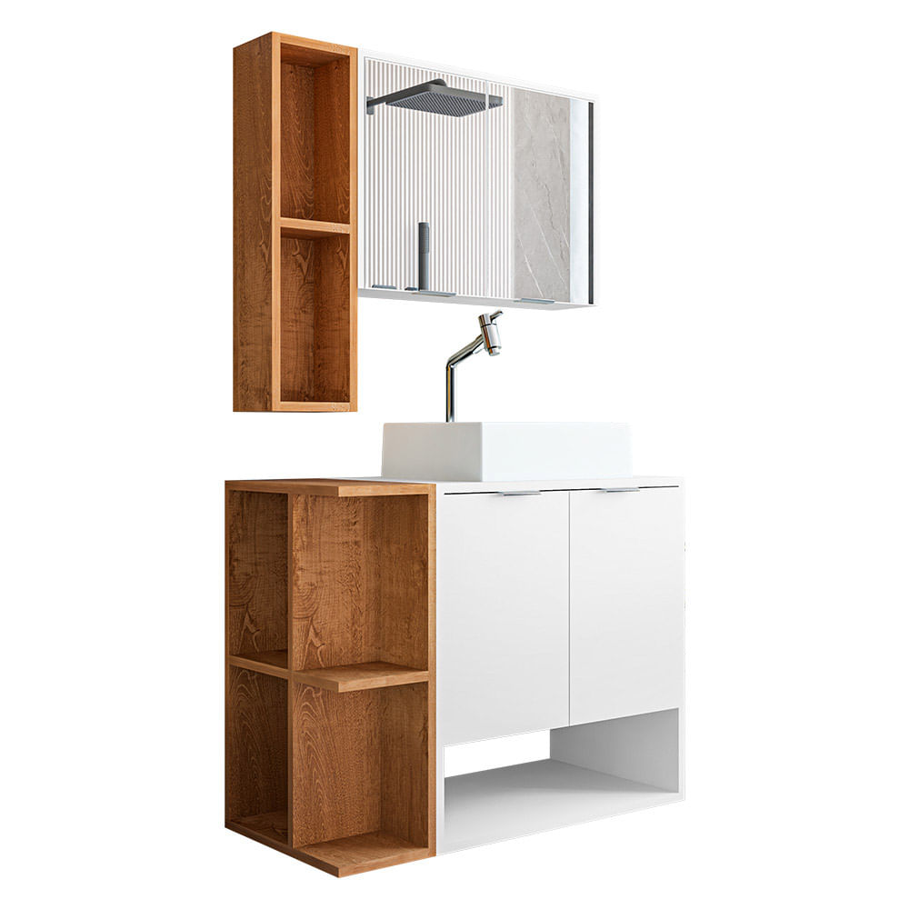 Gabinete Banheiro Star Com Cuba Dalla E Valvula Click Black Branco/naturale