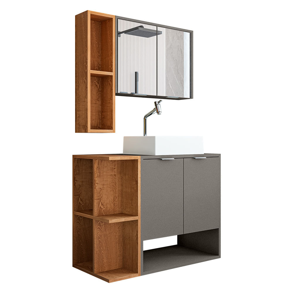 Gabinete Banheiro Star Com Cuba Dalla E Valvula Click Black Titanium/naturale