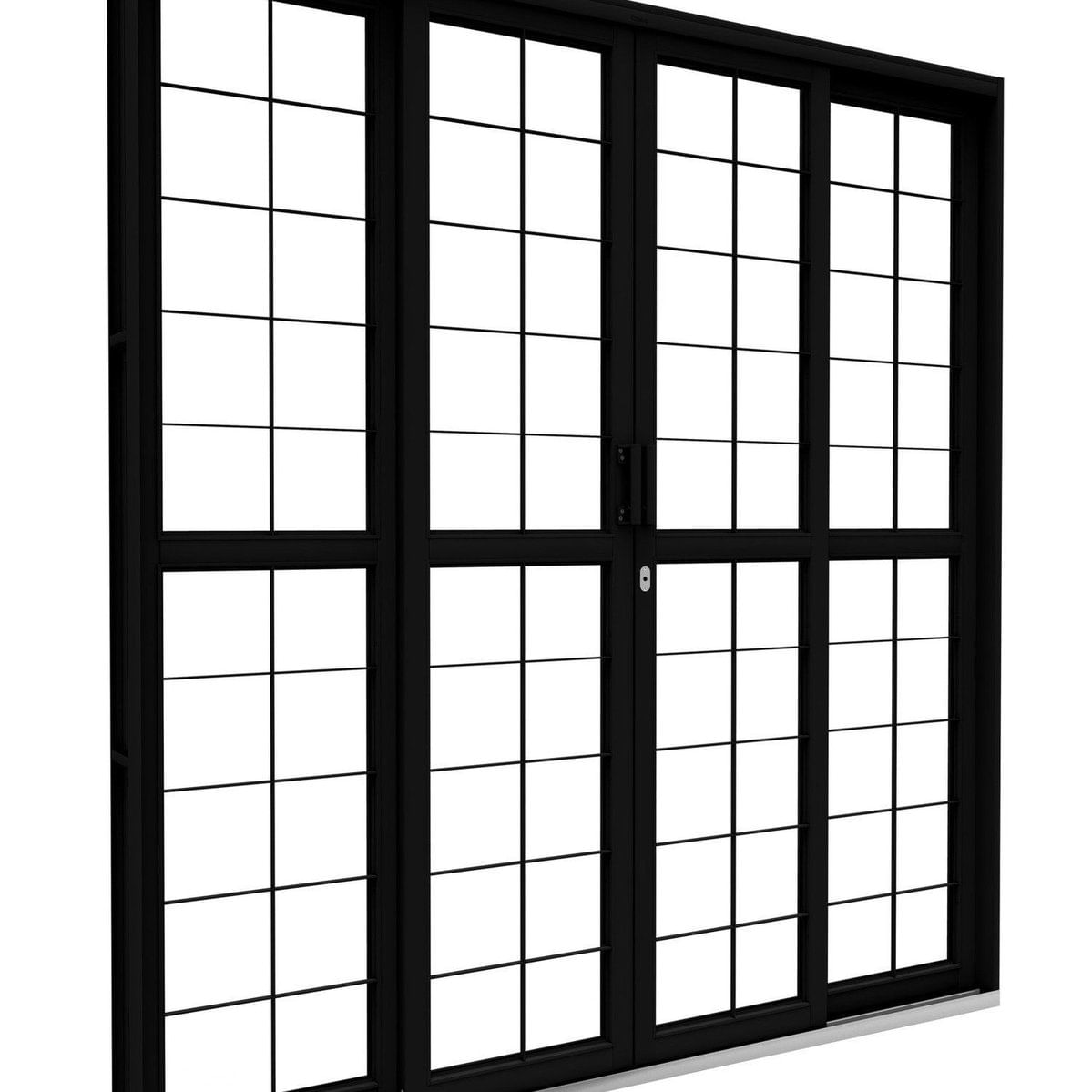 Porta De Aço De Correr Central Com Grade Quadrada 4 Folhas 213x200 Riobras Aço Pronto Preto