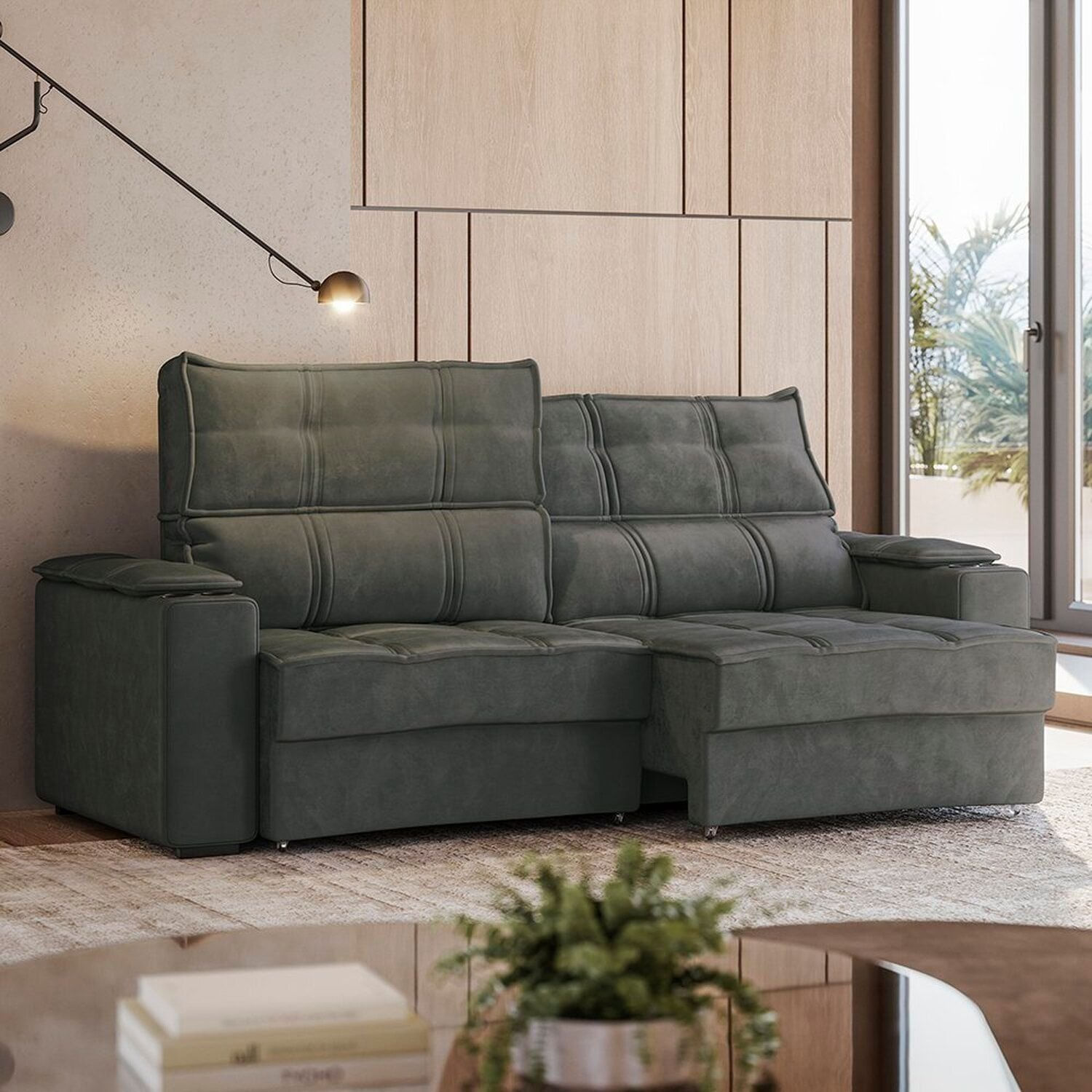 Sofá Retrátil E Reclinável 3 Lugares Bipartido Com Porta Copos 250cm Cobán Espresso Móveis Cinza Escuro